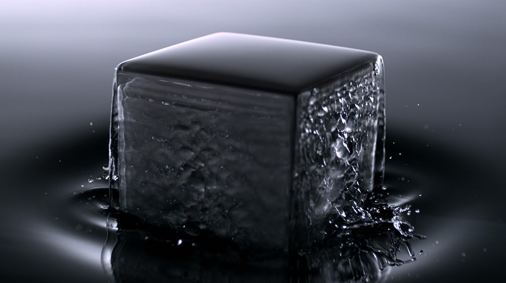Square object is coming out of some kind of liquid to express the full stainless body of LG SIGNATURE Refrigerator.