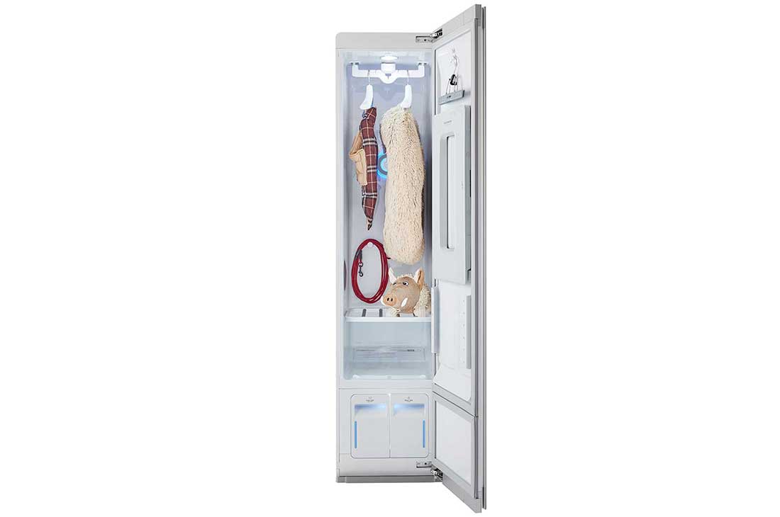 LG Styler® Smart wi-fi Enabled Steam Closet with TrueSteam® Technology and Exclusive Moving Hangers,  LG Styler® Smart wi-fi Enabled Steam Closet with TrueSteam® Technology and Exclusive Moving Hangers, front view with child’s clothes and toys inside, espresso, S3RFBN, S3RFBN, thumbnail 4