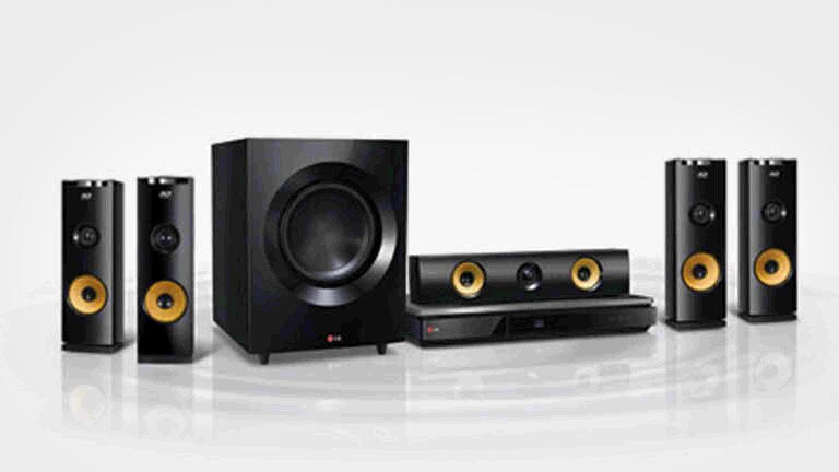A collected view of a range of LG home audio systems and speakers.