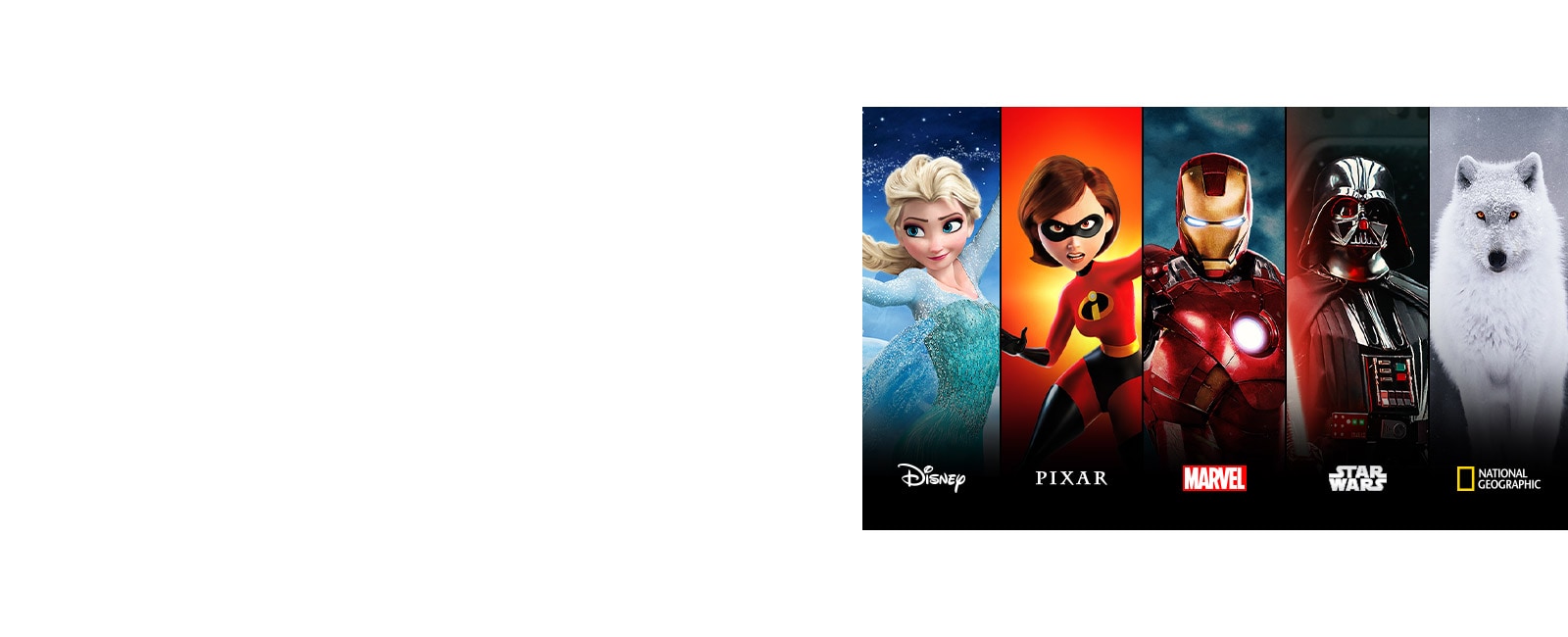 Disney Moana, Pixar Incredibles, Marvel Iron Man, Star Wars, and National Geographic title cards