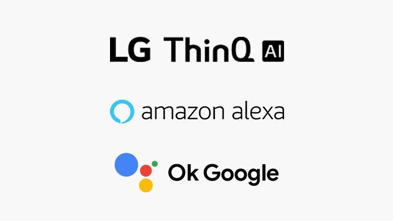 LG NanoCell TV voice command apps include LG ThinQ AI logo, Hey Google logo, and Amazon Alexa logo