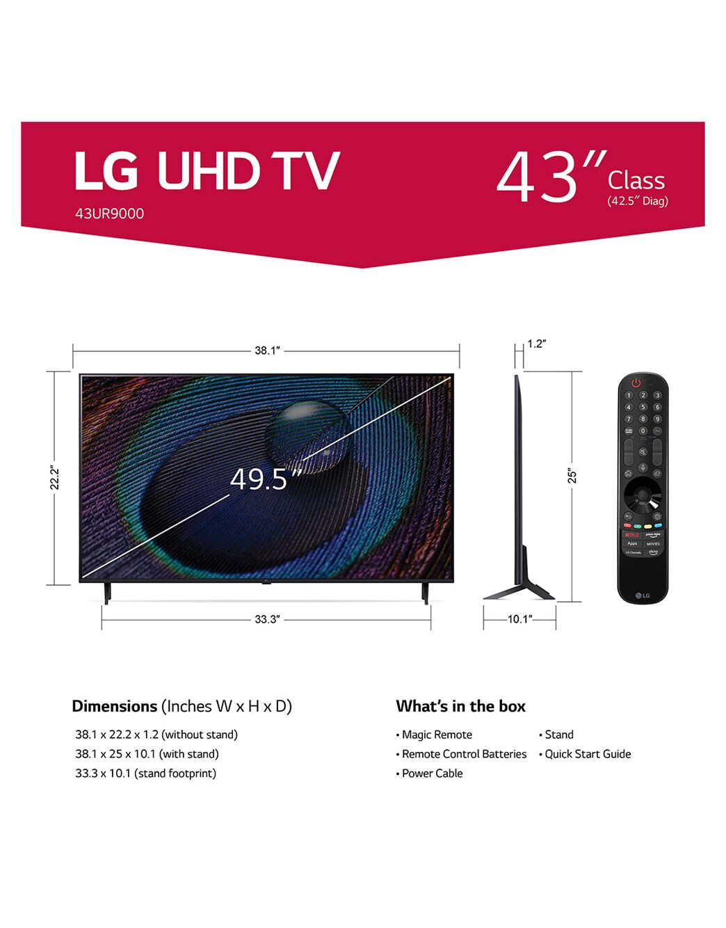 LG 43 Inch Class UR9000 series LED 4K UHD Smart webOS 23 w/ ThinQ AI TV