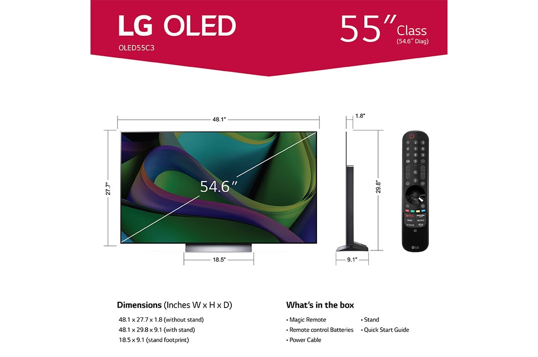 LG 55 Inch Class C3 Series OLED evo 4K UHD Smart webOS 23 w/ ThinQ AI TV (OLED55C3AUA) LG USA