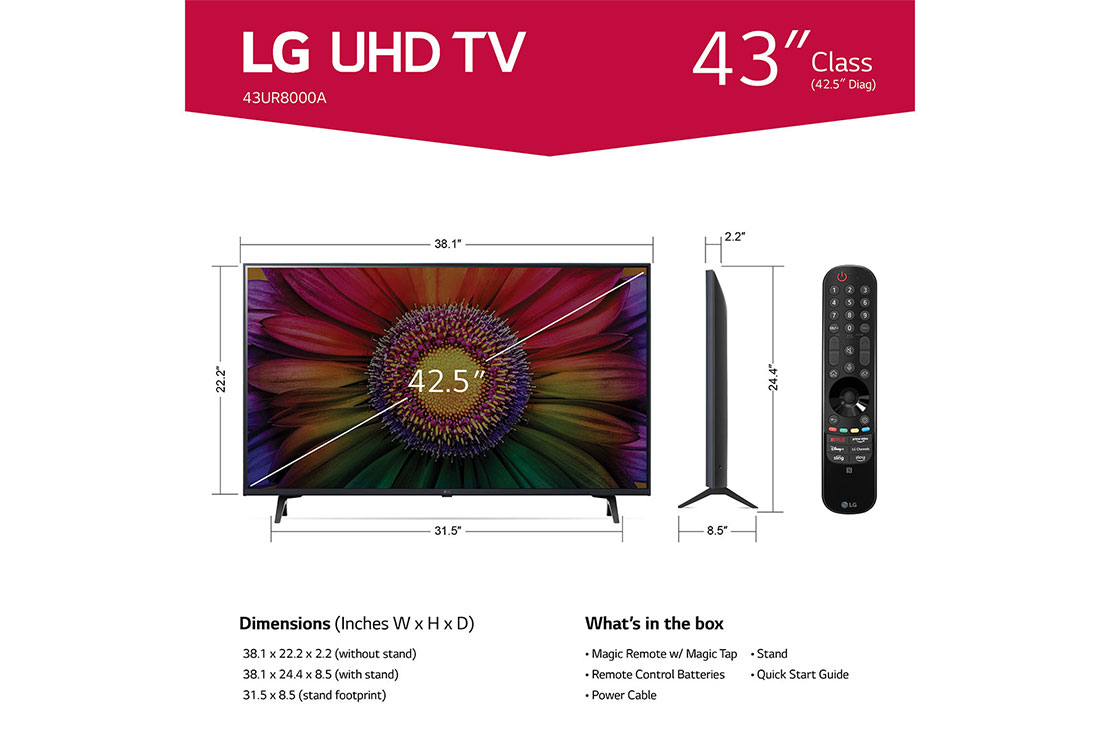 LG 43 Inch Class UR8000 series LED 4K UHD Smart webOS 23 w/ ThinQ AI TV
