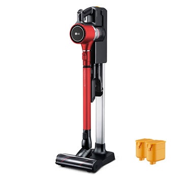 LG CordZero™ A9 Ultimate Cordless Stick Vacuum – Matte Red, -45 degree side view on a charging dock station with 2 rechargeable batteries, A905RM1