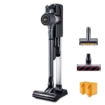 LG CordZero™ A9 Ultimate Cordless Stick Vacuum - Iron Grey, -45 degree side view on a charging dock station, power carpet and floor nozzle, power punch nozzle, 2 rechargeable batteries, A907GMS1