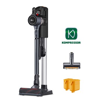 LG CordZero™ A9 Kompressor Stick Vacuum - Iron Grey, Front view with 2 vacuum batteries and Power Punch Nozzle, A927KGMS1