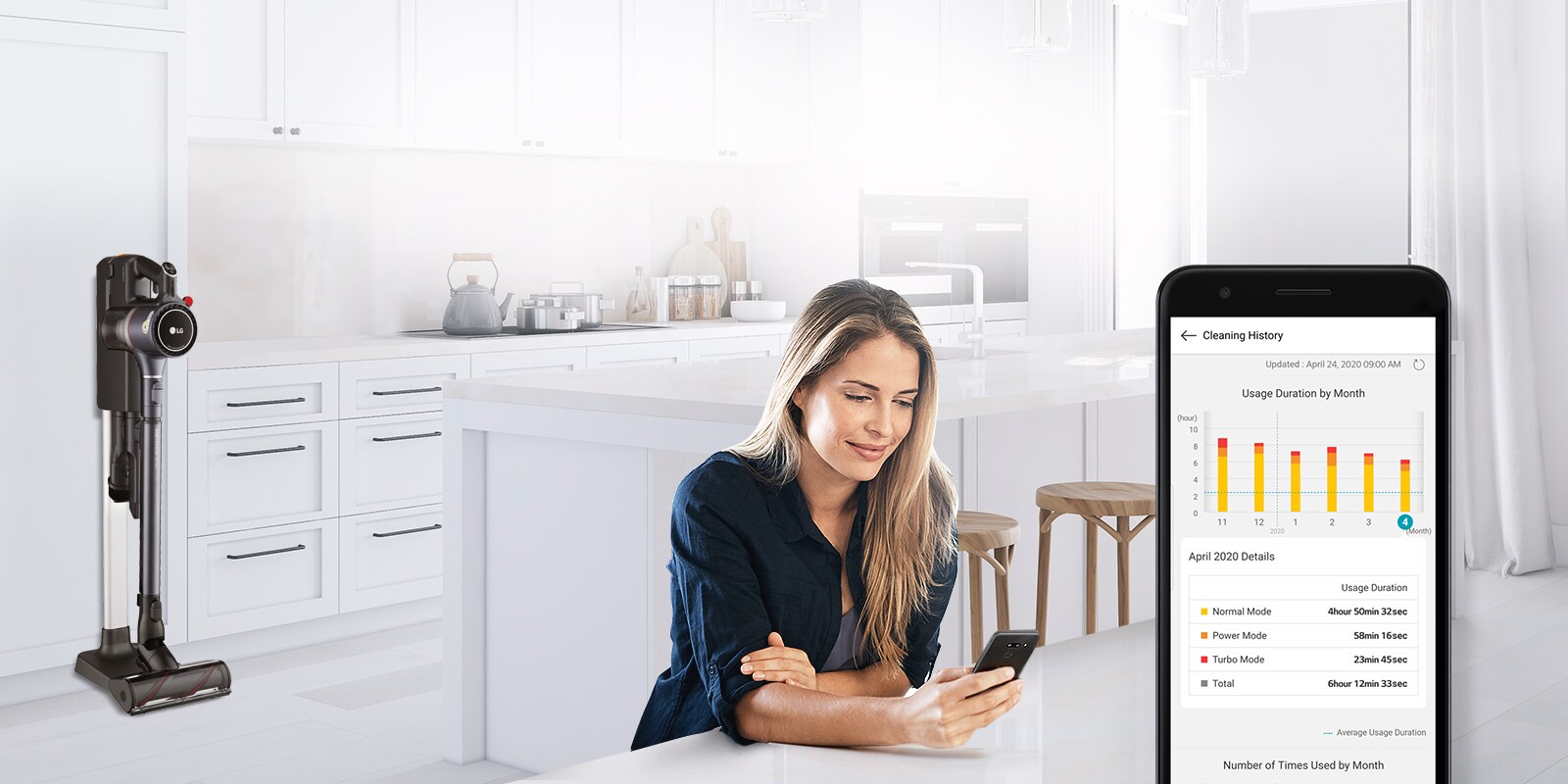 Woman using LG ThinQ app with LG CordZero™ A9 Vacuum in background