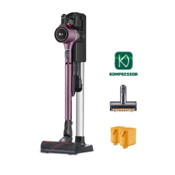 LG CordZero™ A9 Kompressor Stick Vacuum - Vintage Wine, Front view with 2 vacuum batteries and Power Punch Nozzle, A927KVMS1