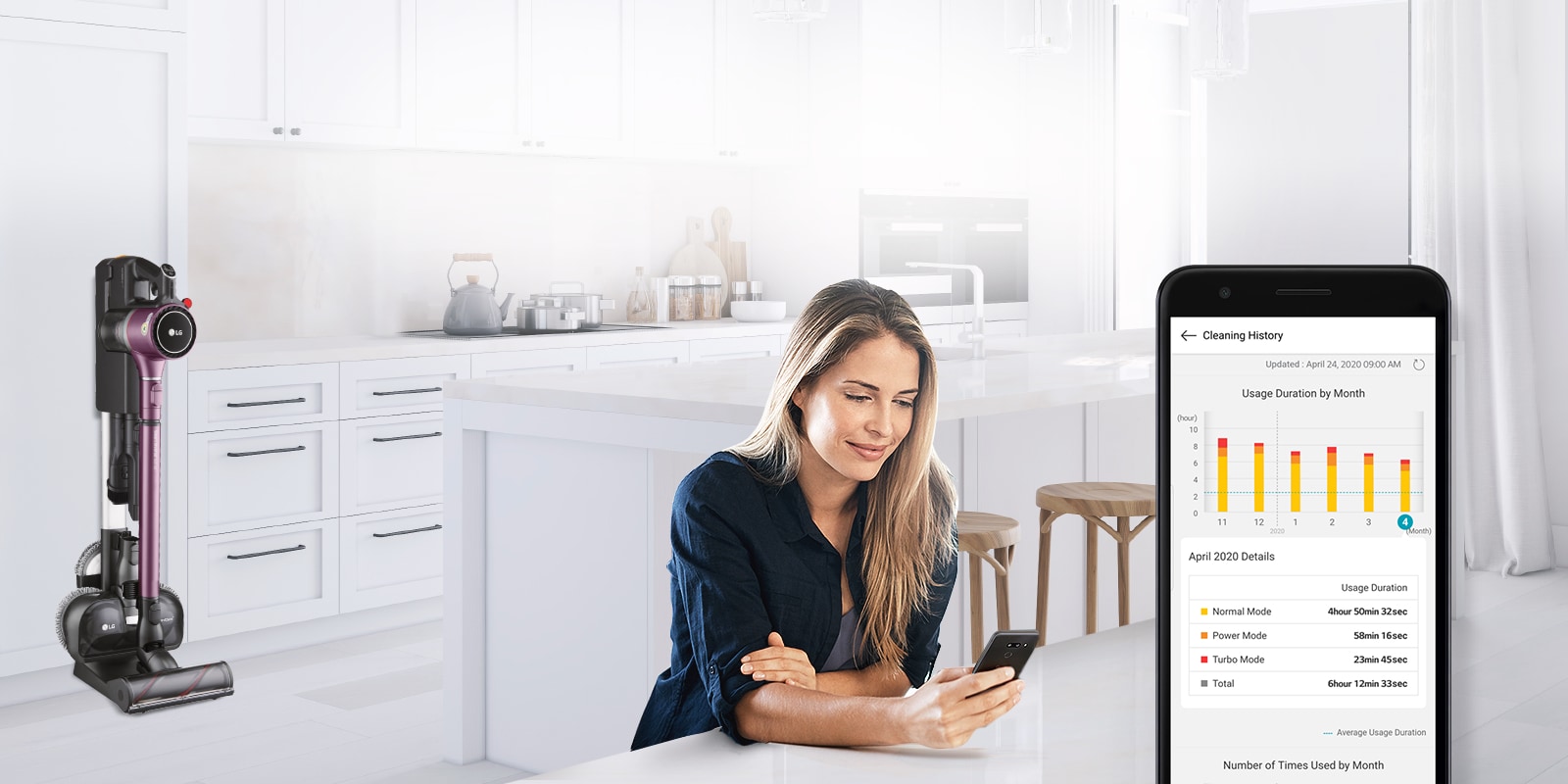 Woman using LG ThinQ app with LG CordZero™ A9 Vacuum in background