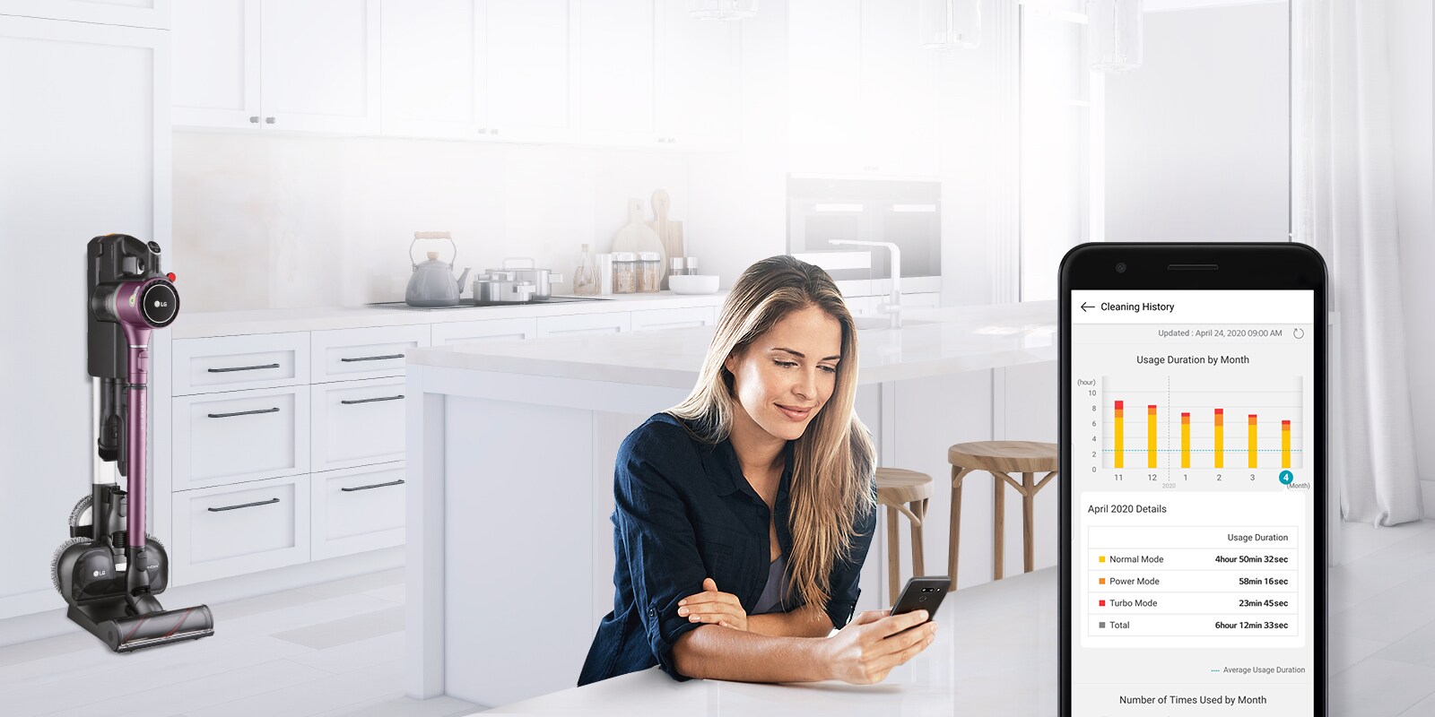 Woman using LG ThinQ app with LG CordZero™ A9 Vacuum in background