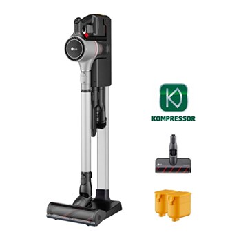LG CordZero™ A9 Kompressor Stick Vacuum – Matte Silver, Front view with 2 vacuum batteries and Power Punch Nozzle, A926KSM1