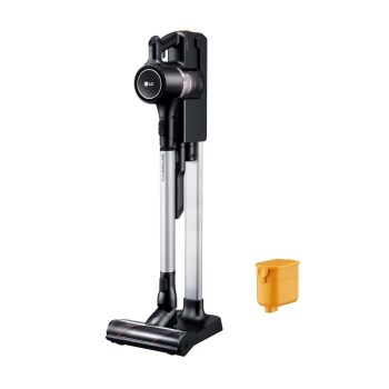 LG CordZero™ A9 Cordless Stick Vacuum, black, A913BM, -45 degree side view on a charging dock station with 2 rechargeable batteries1