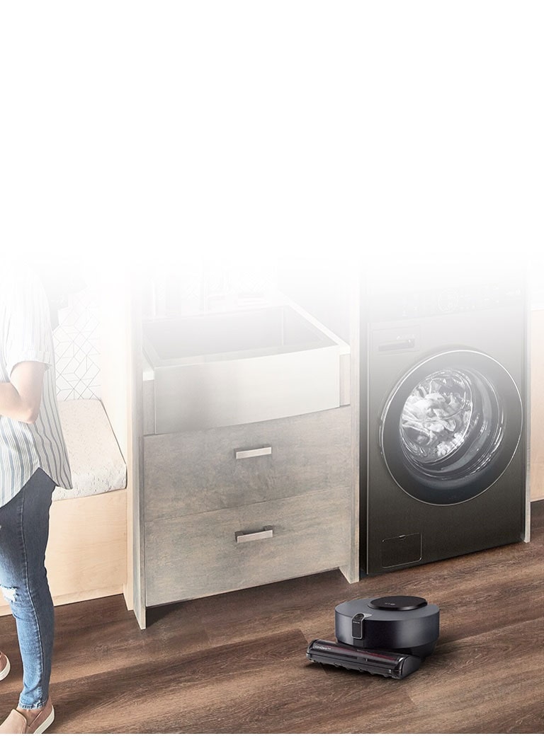 Image of smart LG appliances to keep your home clean on your schedule including smart washer and smart robot vacuum
