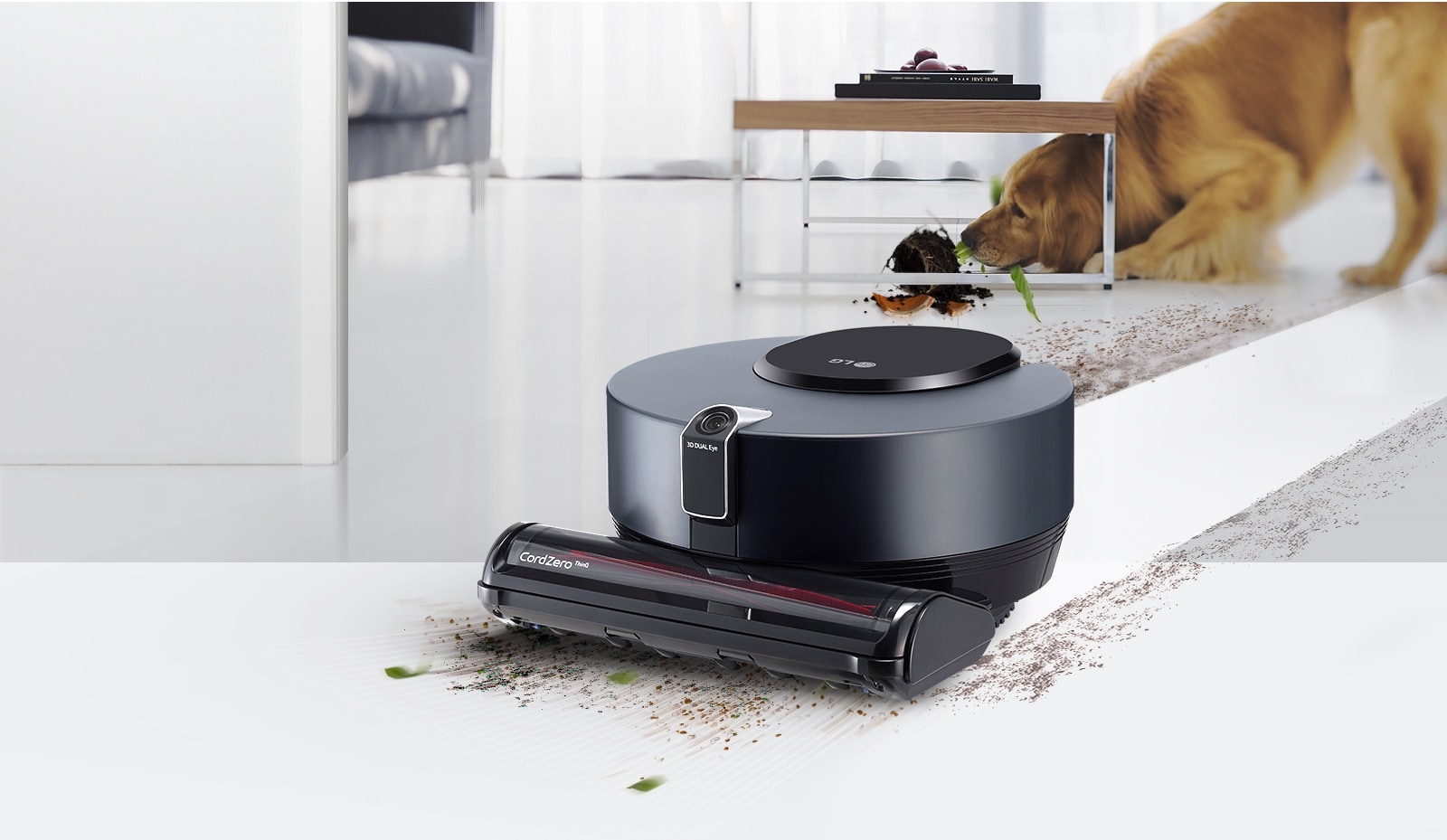 Image of dog making mess and LG CordZero™ ThinQ Robot Vacuum cleaning up dirt with power nozzle