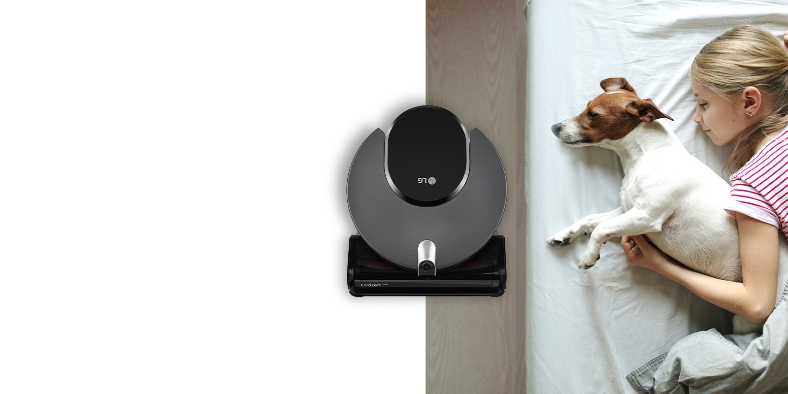 Quiet robot vacuum cleaning next to sleeping child and dog