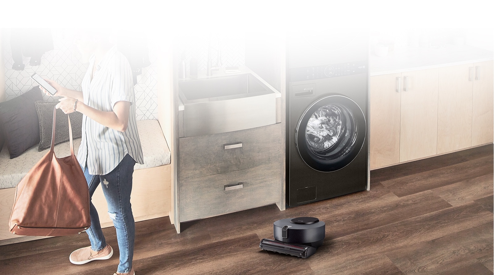 Image of smart LG appliances to keep your home clean on your schedule including smart washer and smart robot vacuum