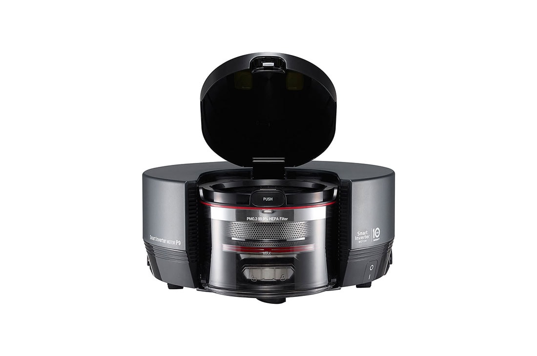 LG CordZero™ ThinQ Robotic Vacuum - Matte Grey, LG CordZero™ ThinQ Robotic Vacuum - Matte Grey, R975GM, close up of open hepa vacuum filter, R975GM1, thumbnail 8