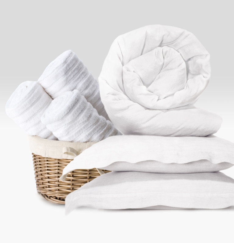 Laundered comforter, pillows and towels