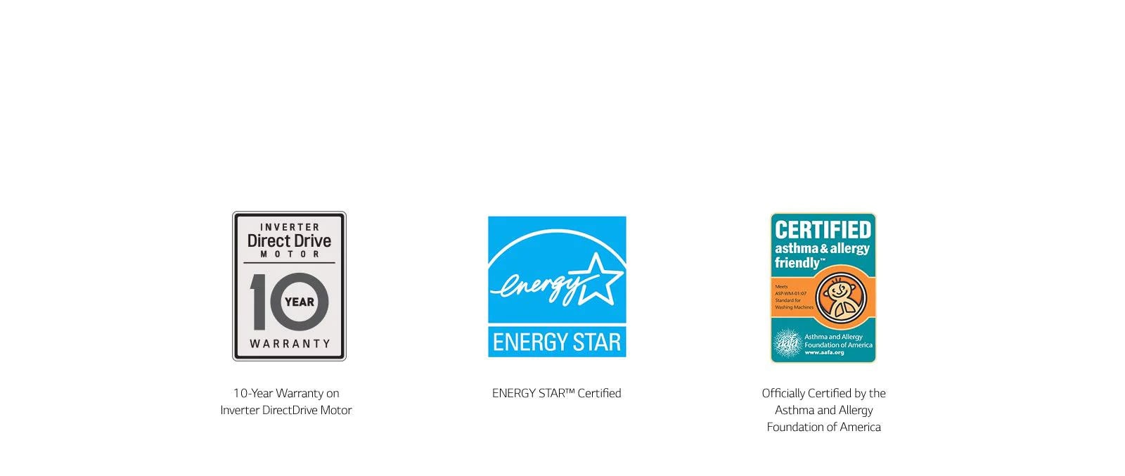 Warranty / Certifications – Inverter Direct Drive, Energy Star and AAFA badge