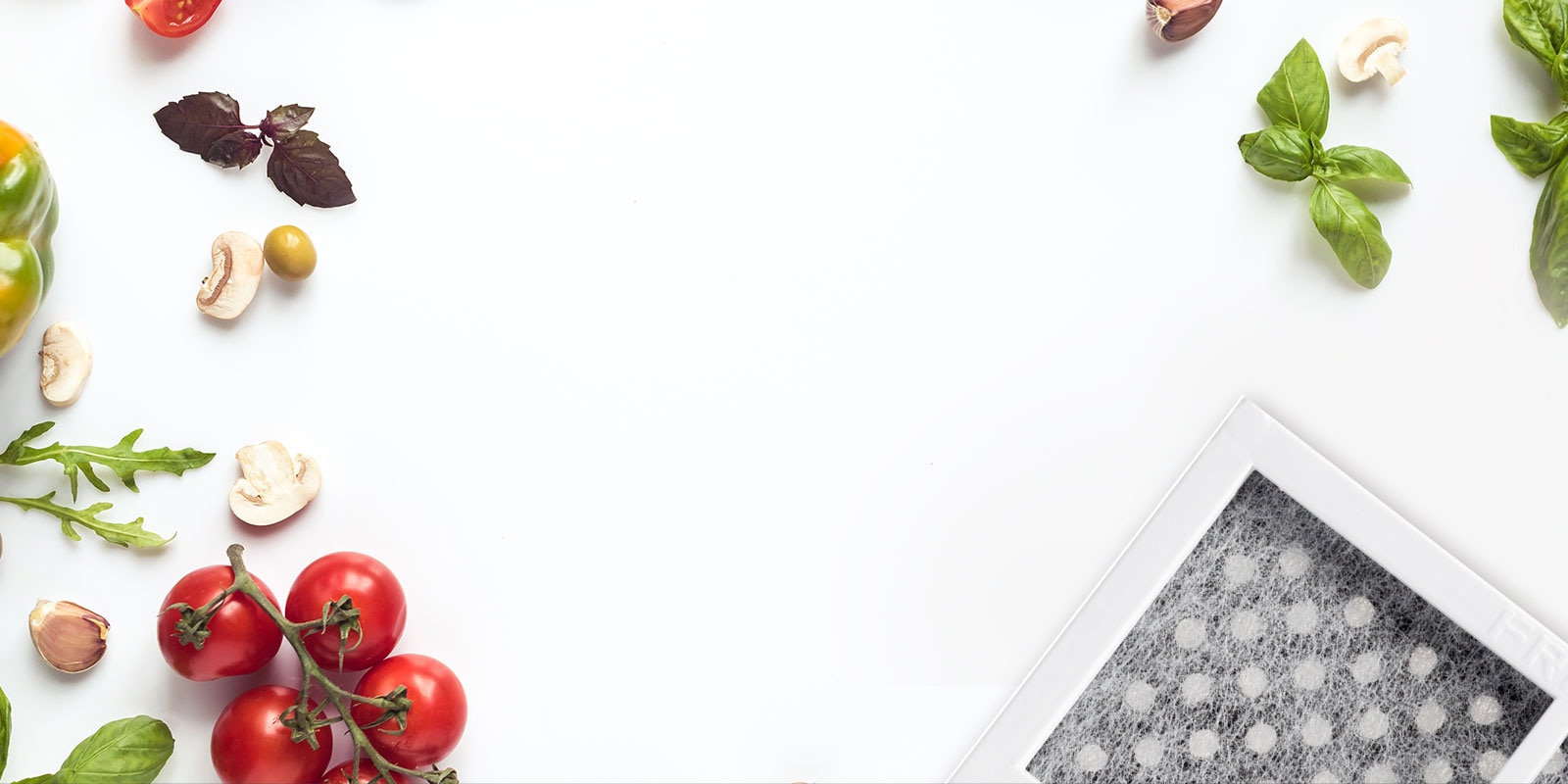 tomatoes, basil,mushrooms and water filter background image