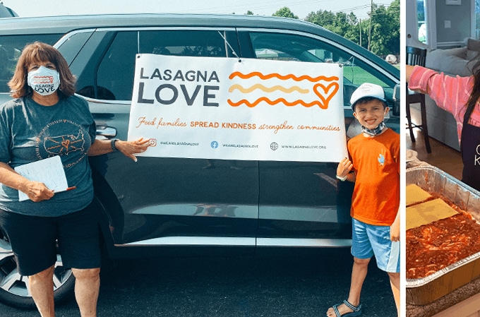 Woman and child pose by a lasgna love banner