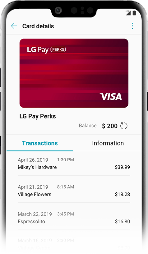 An LG phone displays the LG Pay app.