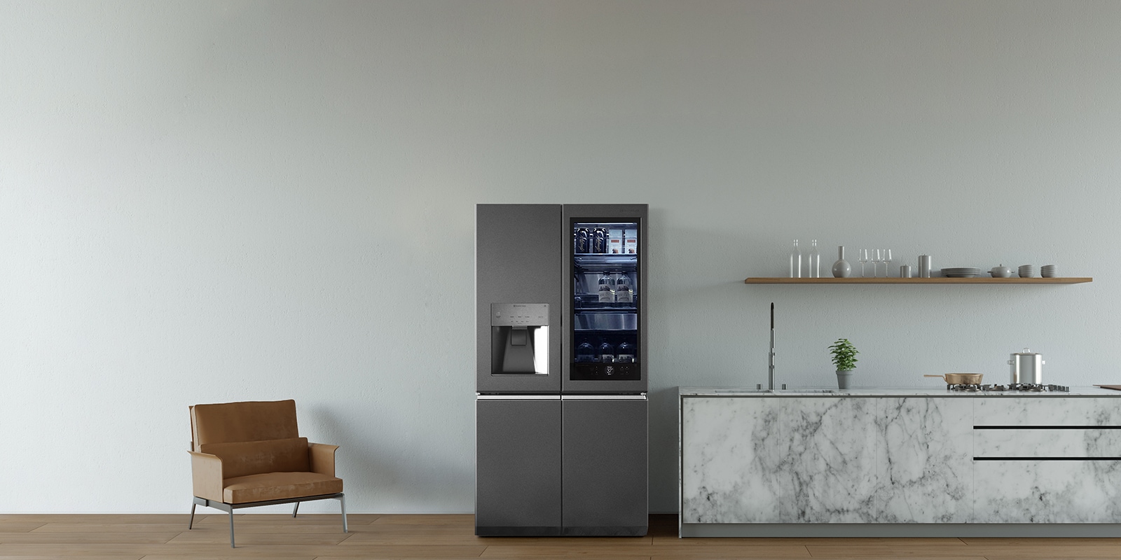 LG SIGNATURE Refrigerator is placed in the modern luxury dining room.
