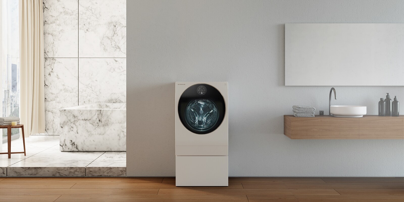 LG SIGNATURE Washing Machine is placed in the modern luxury laundry room.