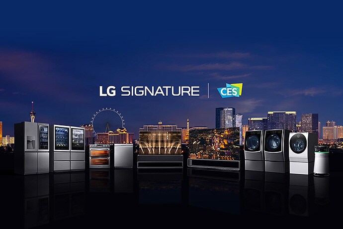 All of LG SIGNATURE products displayed across a night city view of Las Vegas.