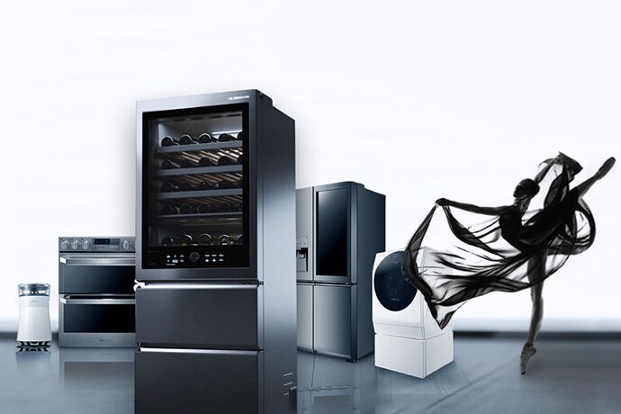 LG SIGNATURE Air Purifier, Oven, Wine Cellar, Refrigerator, Washing Machine are laid on the floor with a ballet dancer.