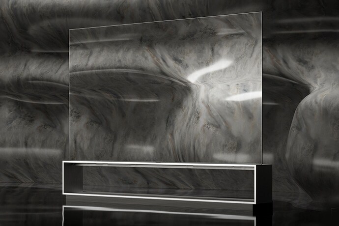 LG SIGNATURE OLED 8K is standing on the grey marble floor.