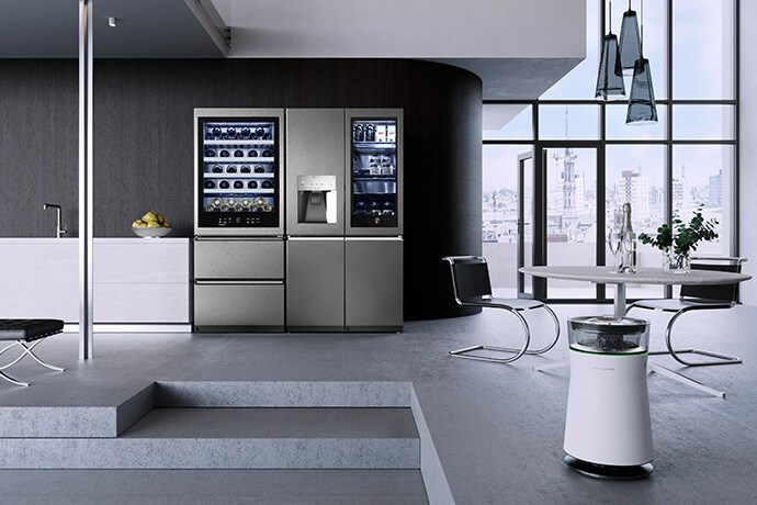 LG SIGNATURE Refrigerator and Wine Cellar are placed in the Bauhaus style of modern kitchen with a backdrop of Berlin.