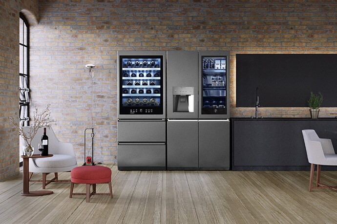 LG SIGNATURE Refrigerator and Wine Cellar are placed in the kitchen of the brick warehouse style with Flexform's furnishing items.