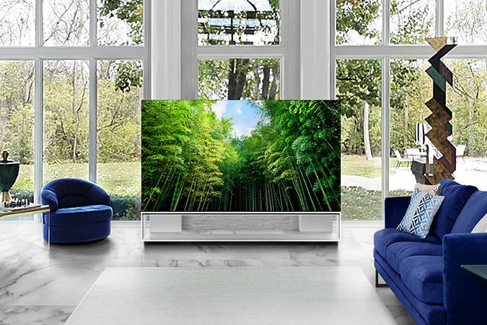 LG SIGNATURE OLED 8K TV is placed on the center of living room, which is decorated by the color of classic blue and white marble.
