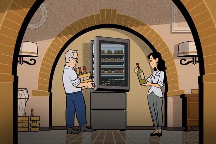 Illust image of LG SIGNATURE Wine Cellar's auto open door feature with James Suckling and his wife.
