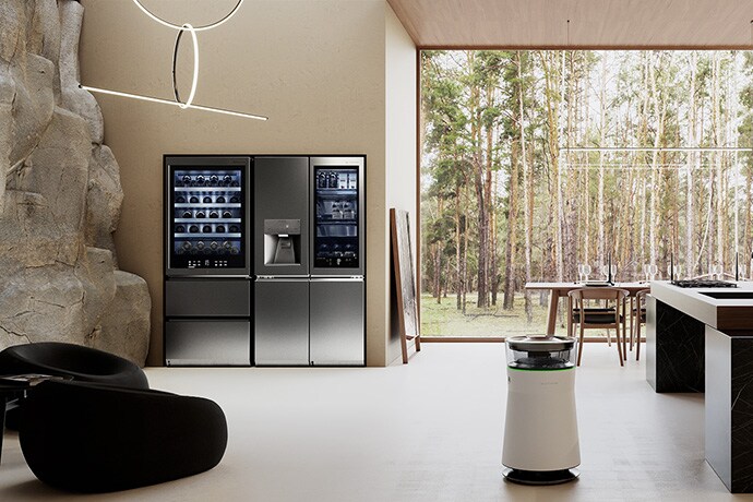 LG SIGNATURE Refrigerator and Wine Cellar are placed on the natural kitchen in harmony with B&B Italia’s bull table.