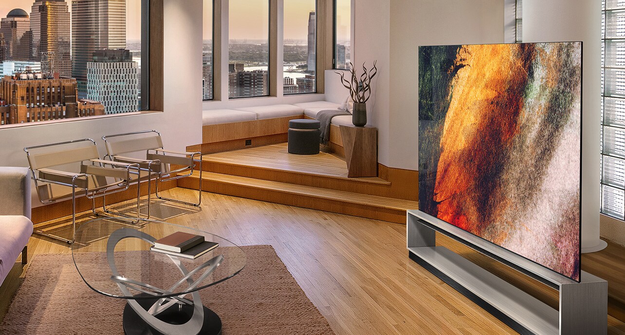 LG SIGNATURE OLED 8K TV is placed on the living room, decorated by Lignum Vitae wood.
