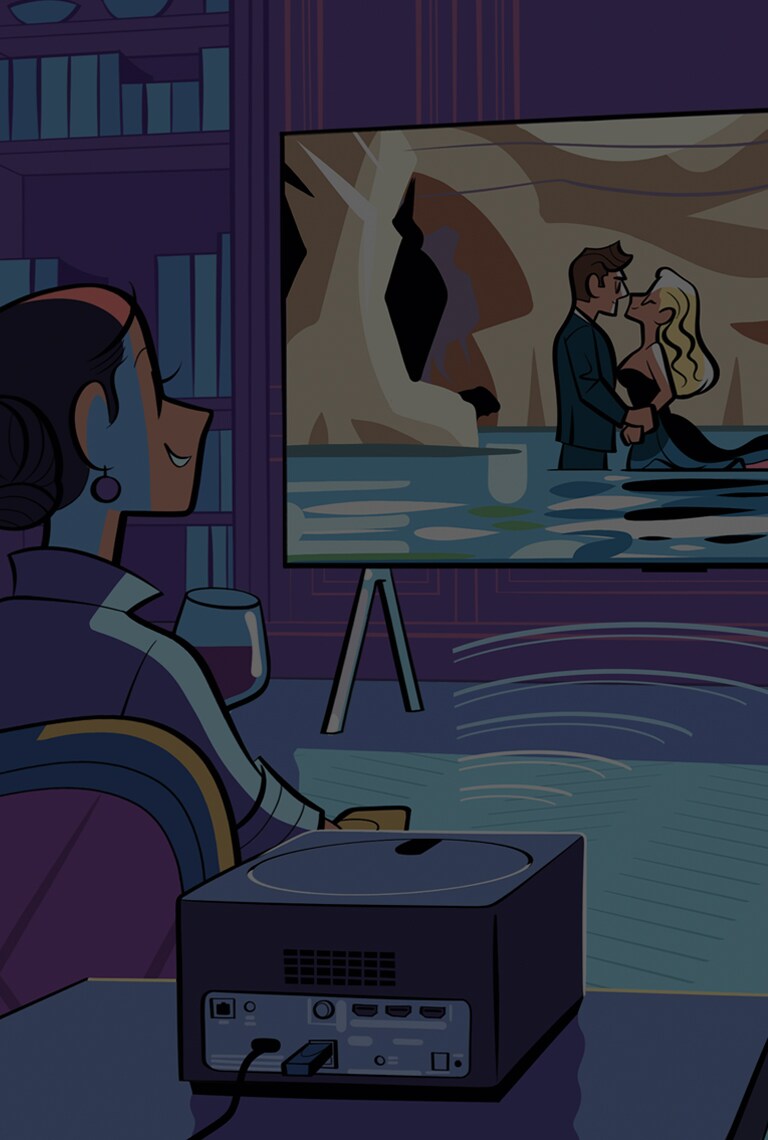 A group of people are enjoying a movie on the OLED M screen, while the Zero Connect Box is shown transmitting the contents of the screen in the foreground.