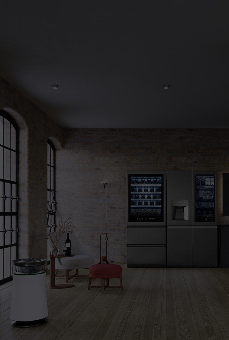 LG SIGNATURE Refrigerator and Wine Cellar are placed in the kitchen of the brick warehouse style with Flexform's furnishing items.
