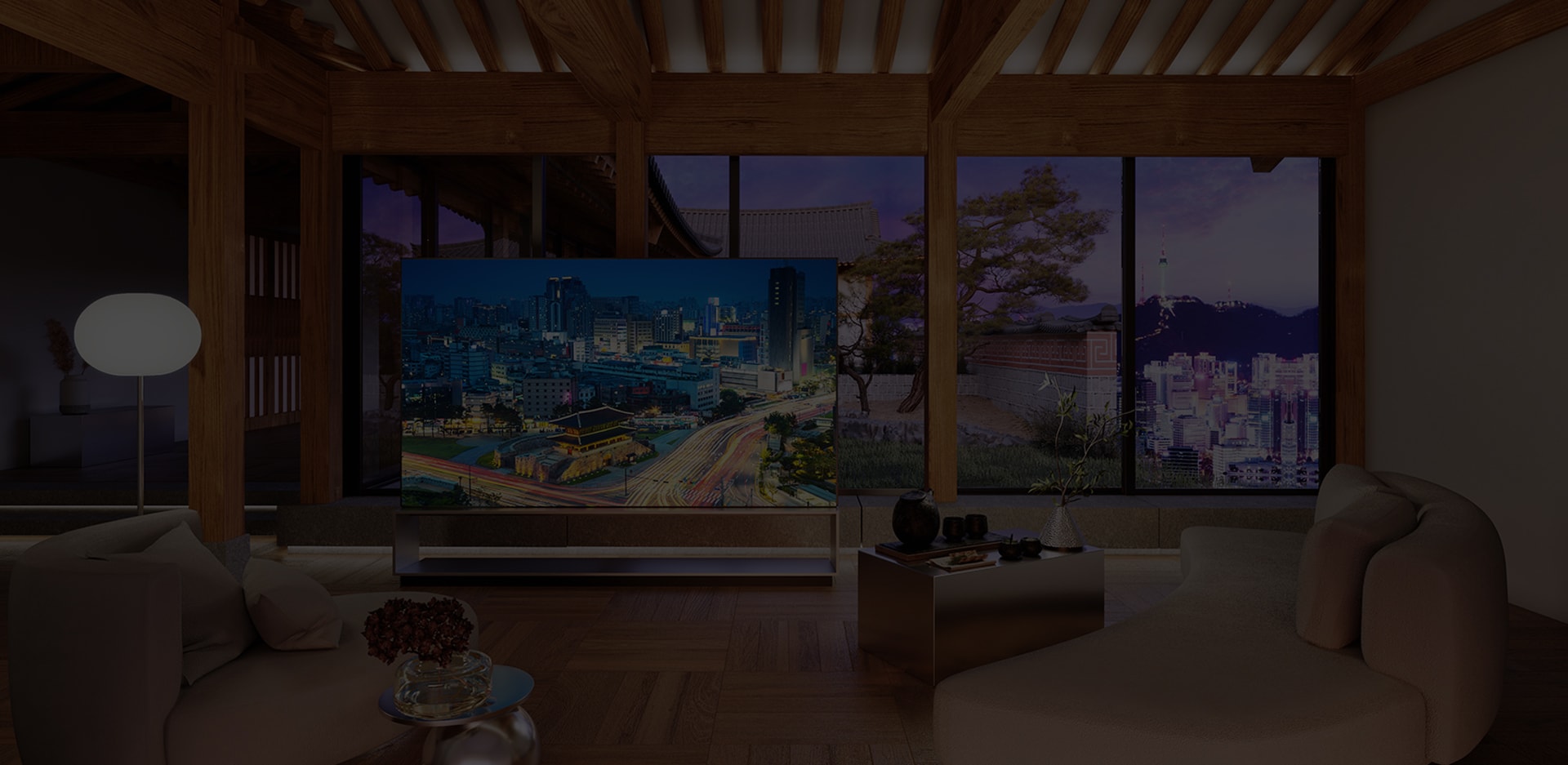 LG SIGNATURE OLED 8K TV is placed in the living room of Hanok, Korean traditional house, with a city backdrop of Seoul.