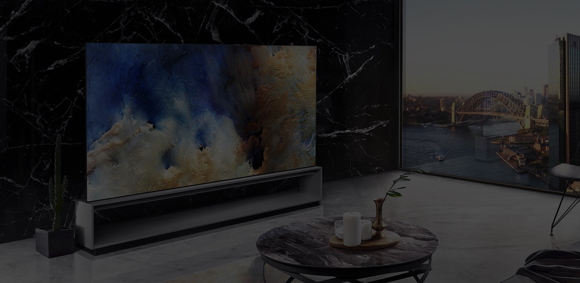 LG SIGNATURE OLED 8K TV is placed on the living room, which is decorated by Spanish Marquina Black Marble, with the city backdrop.