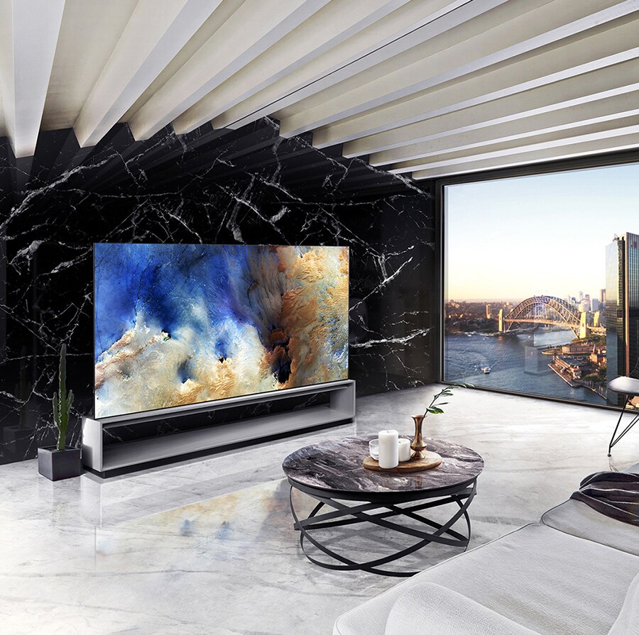 LG SIGNATURE OLED 8K TV is placed on the living room, which is decorated by Spanish Marquina Black Marble, with the city backdrop.