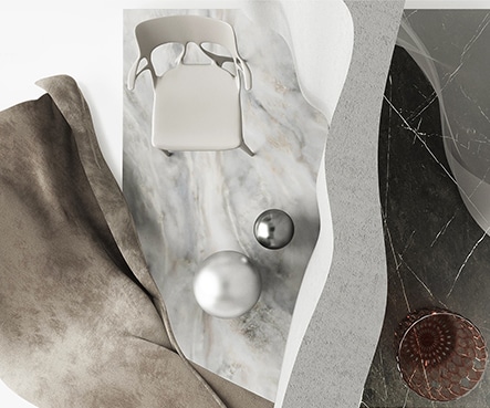 Diverse interior design materials are placed on the marble floor.
