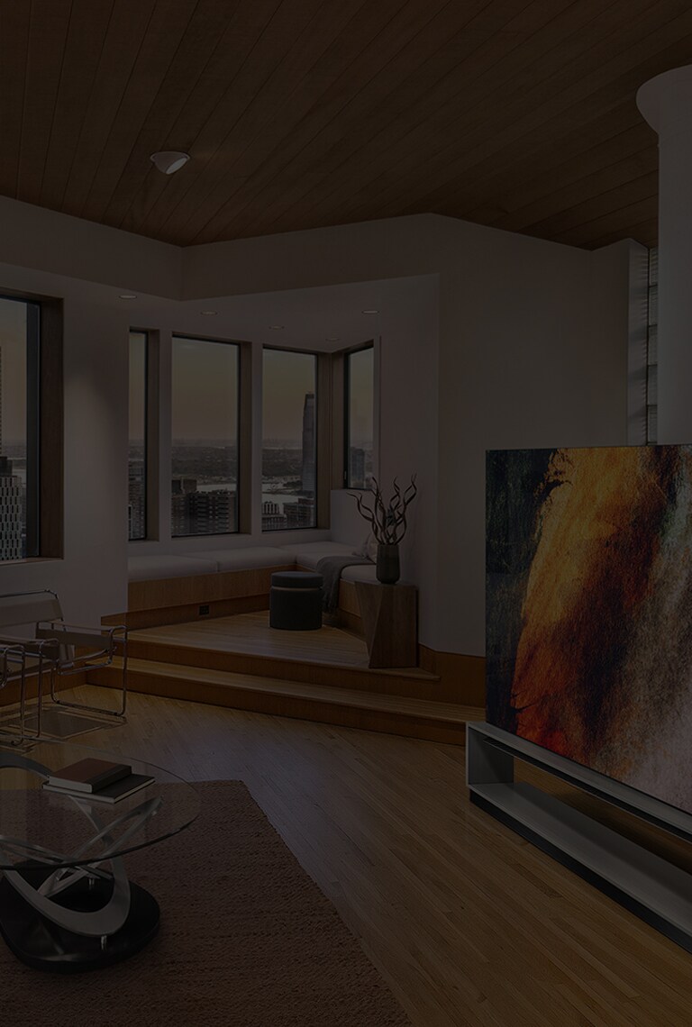 LG SIGNATURE OLED 8K TV is placed on the living room, decorated by Lignum Vitae wood.
