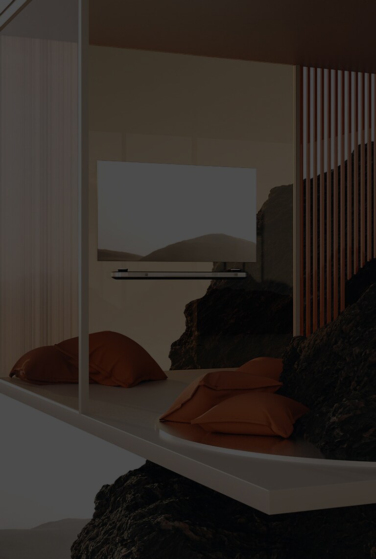 lg signature oled tv w is hung on the glass wall in some place that looks so virtual