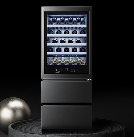 LG SIGNATURE Wine Cellar is standing in the marble circle with silver ball .