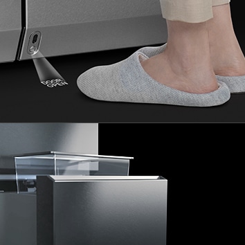 A close up shot of feet in front of the product with the holographic text 'door open' and below a close-up shot of a compartment coming up out of a freezer drawer.