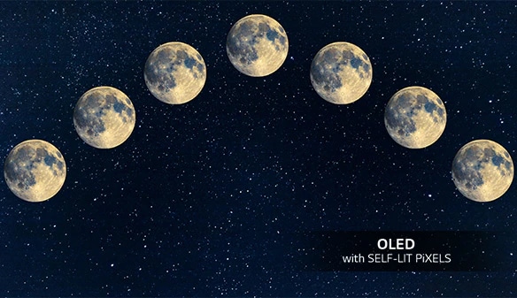 Image of seven full moon aligned across the night sky.