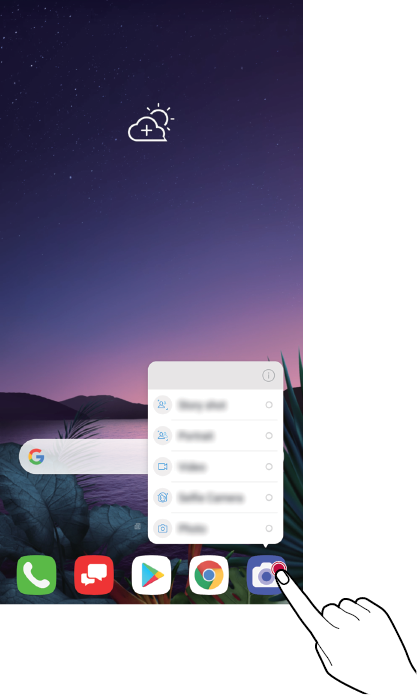 Touching and holding an app icon displays the key functions and features of the app.